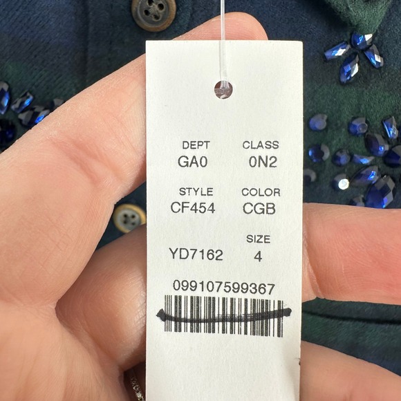 J.Crew Embellished Plaid Flannel Shirt Blue Green Size 4‎ Button Down Top NWT - Picture 5 of 9